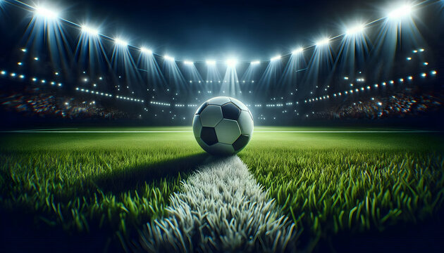 American Football A close-up of the soccer ball at the center line, with floodlights casting dramatic lighting and shadows across the lush green grass, with the blurred stadium crowd in the background