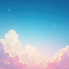 Fototapeta premium Soft pastel blue sky with white fluffy clouds and twinkling stars at sunset, dreamy, peaceful