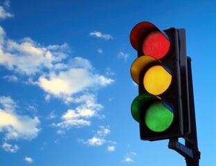A traffic light displaying red, yellow, and green signals against a clear blue sky.