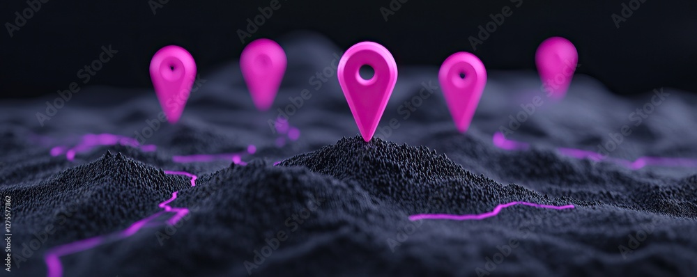 Poster a digital landscape with prominent pink location pins over a textured surface, symbolizing navigatio