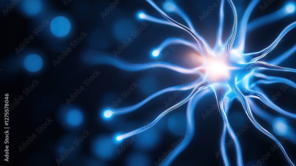 Poster a vibrant depiction of neural connections, showcasing glowing neurons with intricate extensions agai