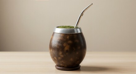 Traditional Yerba Mate, Energizing and Herbal, Served in a Gourd, Against a Neutral Background with Copy Space