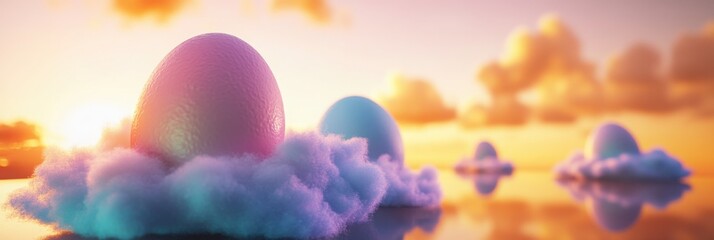 Pastel Easter eggs with fluffy cloud textures floating on a dreamy sunset backdrop q2,