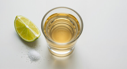 Classic Tequila Shot, Overhead View, Served with Lime and Salt, Against a White Background with Copy Space