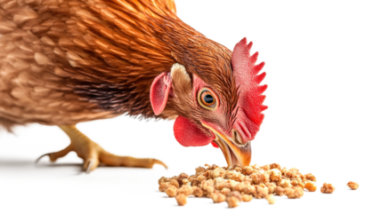 Chicken eating isolated on transparent background with feathers and beak