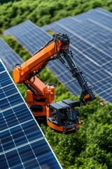 Fototapeta premium A robotic arm works on solar panels, showcasing the integration of automation and renewable energy in modern technology.