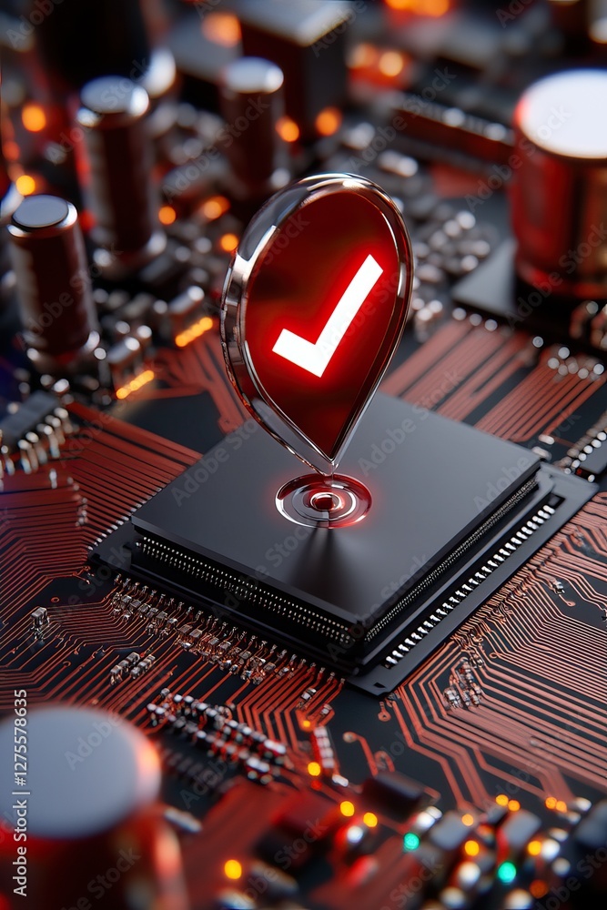 Poster a close-up of a circuit board featuring a glowing red checkmark symbol, suggesting verification or a