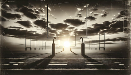 American Football A black-and-white vintage-style photograph of an American football field at sunset, where the goalpo1
