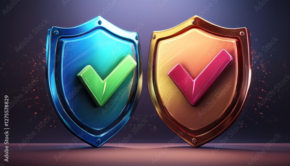 Poster two colorful shields with check marks symbolize security, protection, and validation, set against a 