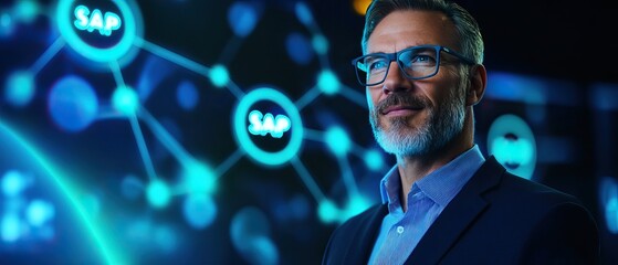A confident professional stands in front of a "SAP" digital interface displaying interconnected data nodes, emphasizing technology and innovation.
