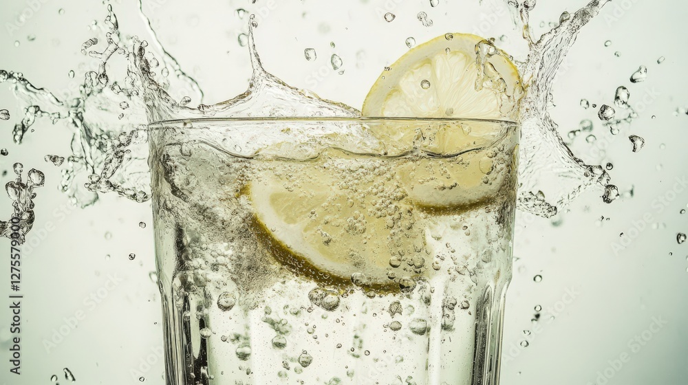 Poster refreshing splash of lemon slices in sparkling water, creating a vibrant and energizing scene