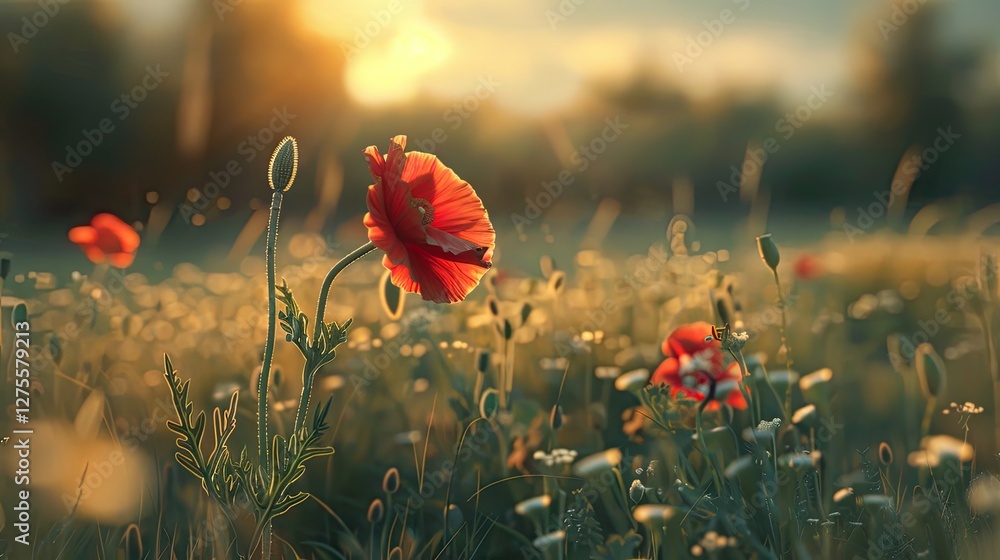 Poster vibrant red poppy flower in a sunlit field with soft focus and shallow depth of field, golden backgr