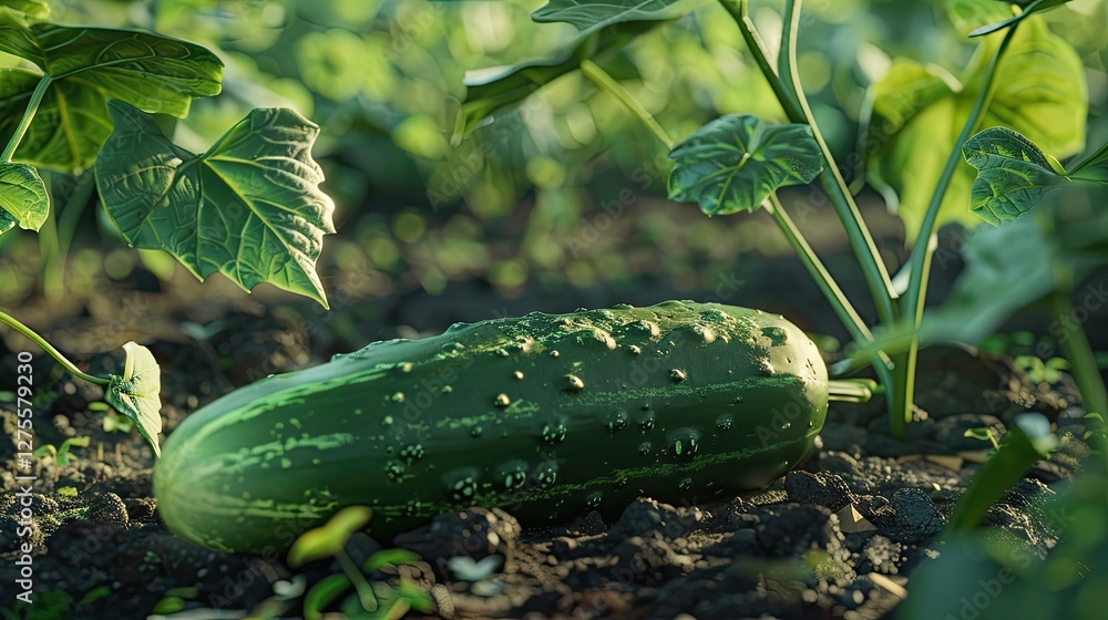 Poster lush green cucumber lying on dark soil surrounded by vibrant green leaves with bright sunlight creat