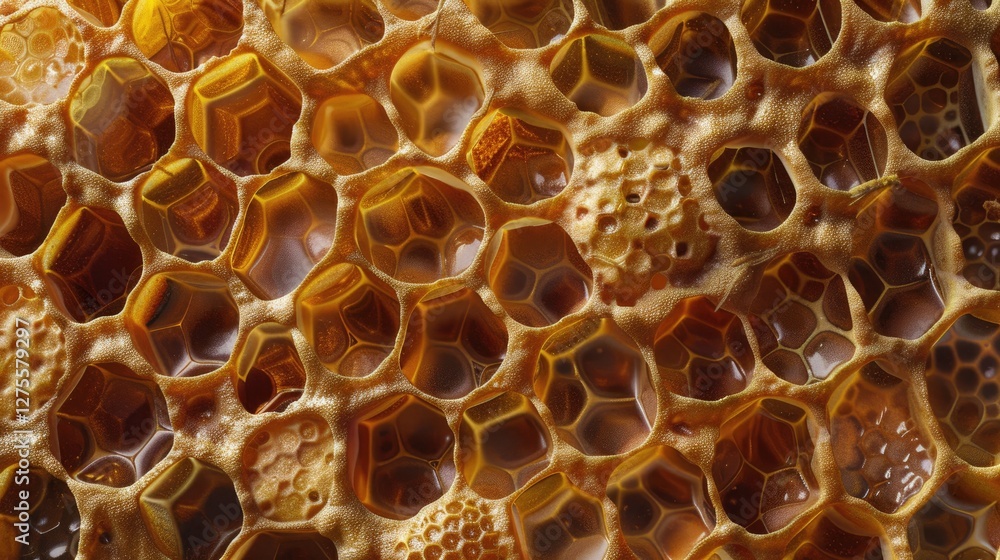 Poster Closeup of intricate empty honeycombs showcasing golden yellow hexagonal cells with a textured surface filling the frame against a blurred background.