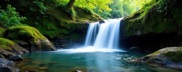 Obraz premium Sparkling waterfalls cascading over moss-covered rocks, forest, stones