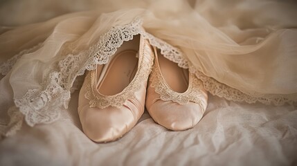 A delicate set of vintage-inspired ballet slippers placed beside a lace-trimmed scarf