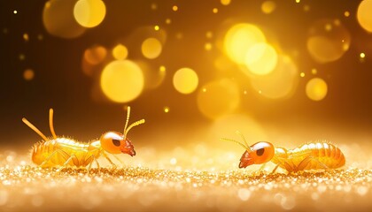 Naklejka premium Two termites on a sparkling surface, illuminated by soft bokeh lights, creating a magical and enchanting atmosphere.