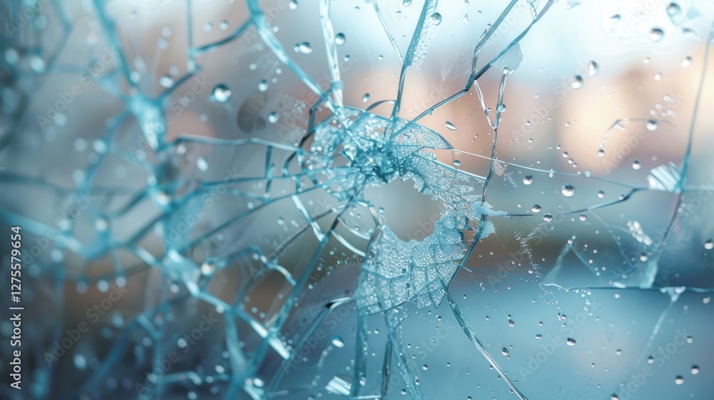 Poster close-up view of cracked safety glass window with water droplets in soft focus background highlighti