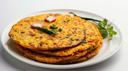 Stack of golden besan chillas on a white plate garnished with green chilies and fresh coriander placed on a bright background.