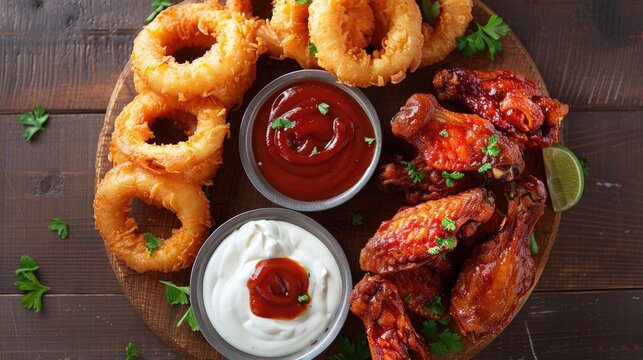 Delicious appetizer sampler featuring crispy onion rings and chicken wings on a wooden platter with sauces garnished by parsley on a rustic table.