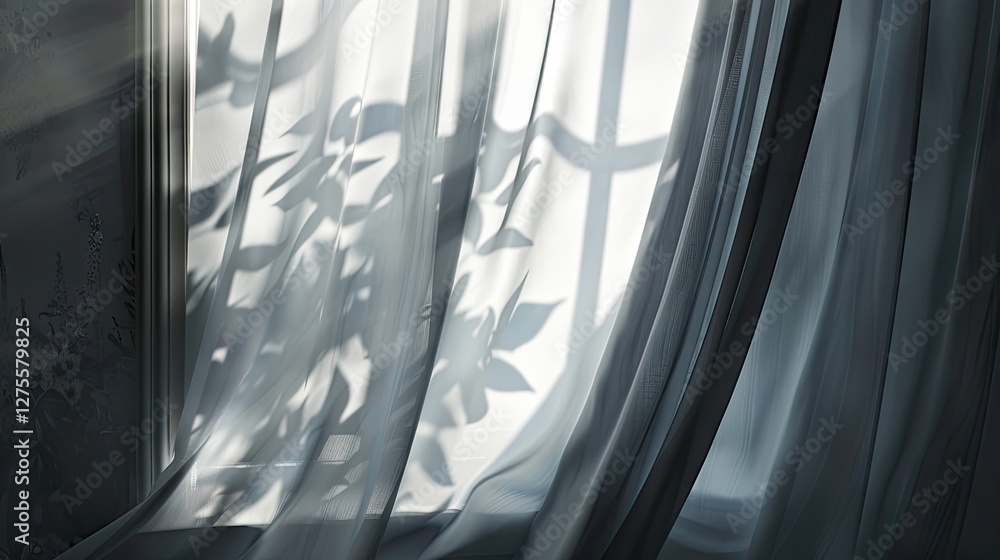Aufkleber Soft gray curtains draping elegantly with delicate leaf shadows cast on a bright white surface gently illuminated by soft natural light.