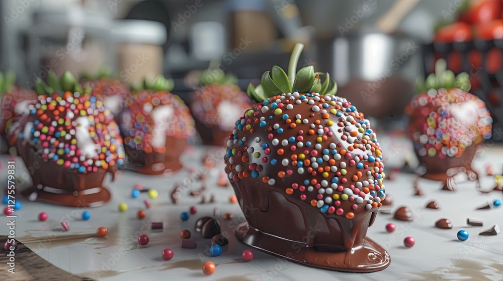 Poster Chocolate covered strawberries with colorful sprinkles and drizzles arranged in a kitchen setting featuring warm tones and blurred background elements.