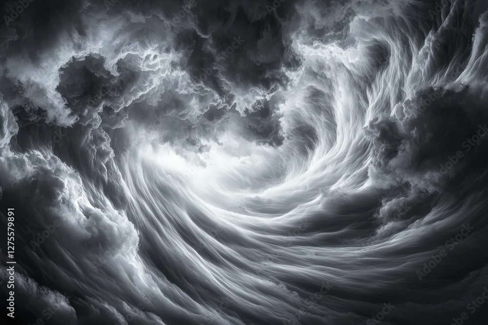 Poster dramatic grayscale vortex of storm clouds creating a mesmerizing celestial spiral, symbolizing power