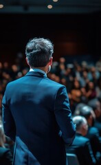 A man in a blue suit delivers an inspiring speech to an engaged audience at a corporate event.
