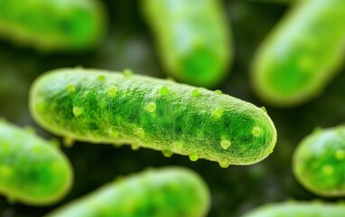 Fototapeta premium This image shows microscopic green bacteria, highlighting their elongated shape and smooth surface, emphasizing the diversity of microbial life.