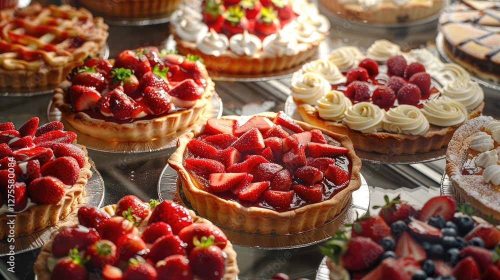 Poster assorted strawberry tarts with glossy red strawberries and whipped cream on a glass display in a bak