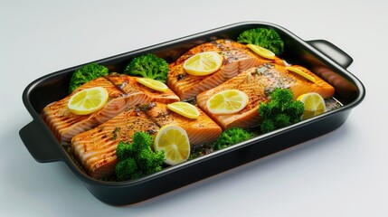 Baked salmon steaks garnished with lemon slices and fresh broccoli in a black baking dish on a light background for a healthy dinner option