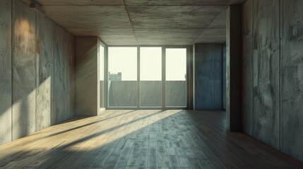 Fototapeta premium Spacious empty apartment interior featuring concrete walls and wooden flooring illuminated by sunlight streaming through large windows.
