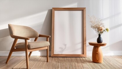 3D Render Wooden Frame Mockup in Interior Scene A Cozy Corner with a Touch of Rusticity, Featuring a Vintage Frame, Chair, and Flowery Vase, Exuding Warmth and Comfort.