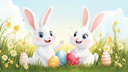 Obraz premium Bunnies decorate easter eggs in a vibrant spring meadow filled with flowers and sunshine