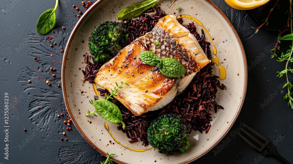 Poster top view of modern fried skrei cod filet on black red rice with baby broccoli drizzled in lemon crea