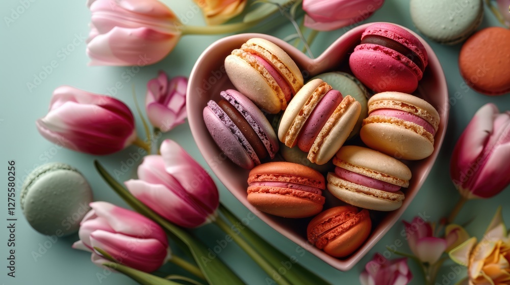 Poster colorful pastel tulips and assorted vibrant macaroons in a heart-shaped bowl on a mint green backgro