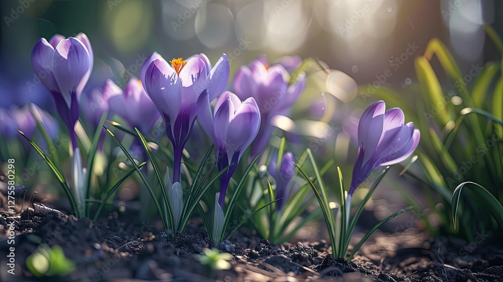 Aufkleber lavender crocuses bloom in soft focus with gentle sunlight illuminating the cluster, surrounded by l