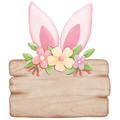 Wooden sign with bunny ears and flowers 