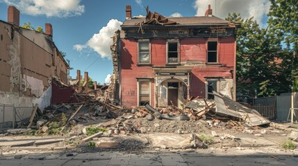 Fototapeta premium Dilapidated red house with exposed bricks and debris in foreground under a blue sky with clouds, showcasing urban decay and neglect.