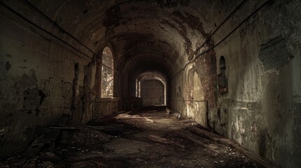 Fototapeta premium Abandoned underground vaulted cellar with dark walls and debris scattered on the floor illuminated by soft natural light through arched windows