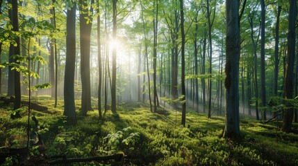 Fototapeta premium Sunlit Oak Beech Forest in Spring Morning Mist with Fresh Green Leaves and Soft Rays of Light Filtering Through Lush Trees and Vibrant Ferns