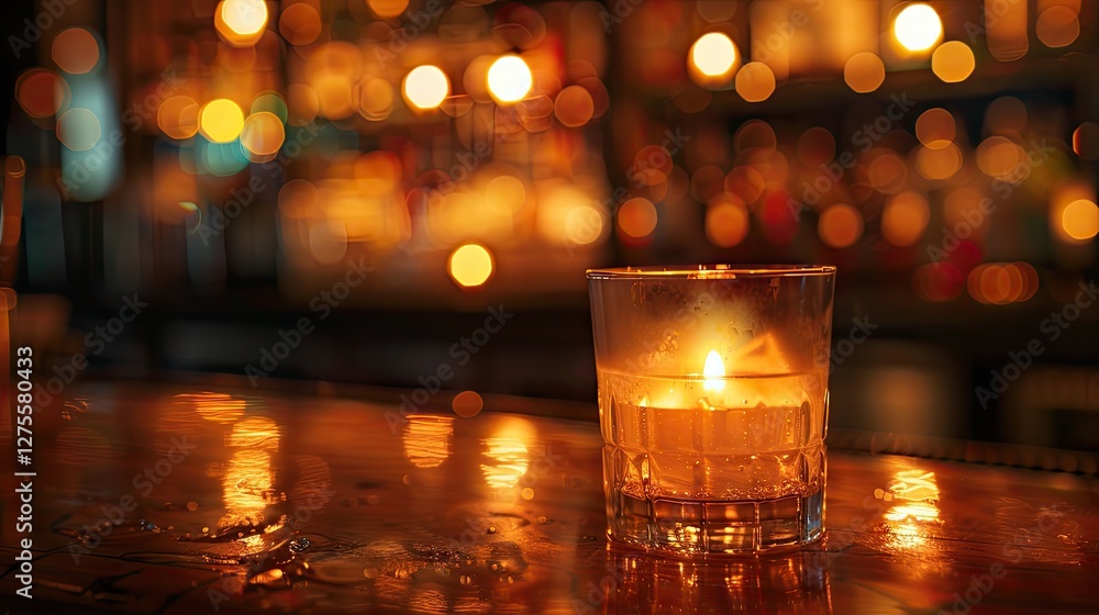 Poster Close up view of a lit candle in a glass with soft warm glow on bar counter, blurred bokeh lights in the background creating an intimate atmosphere