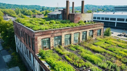 Fototapeta premium Overgrown Rooftop Garden on Abandoned Industrial Building in Daylight