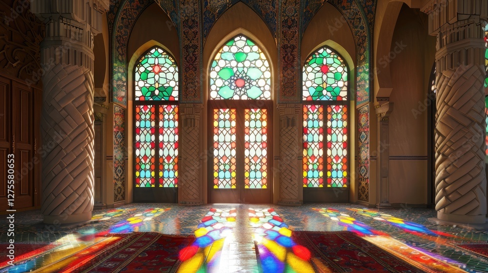 Poster stained glass windows with vibrant red green and blue patterns in a mosque creating colorful light r