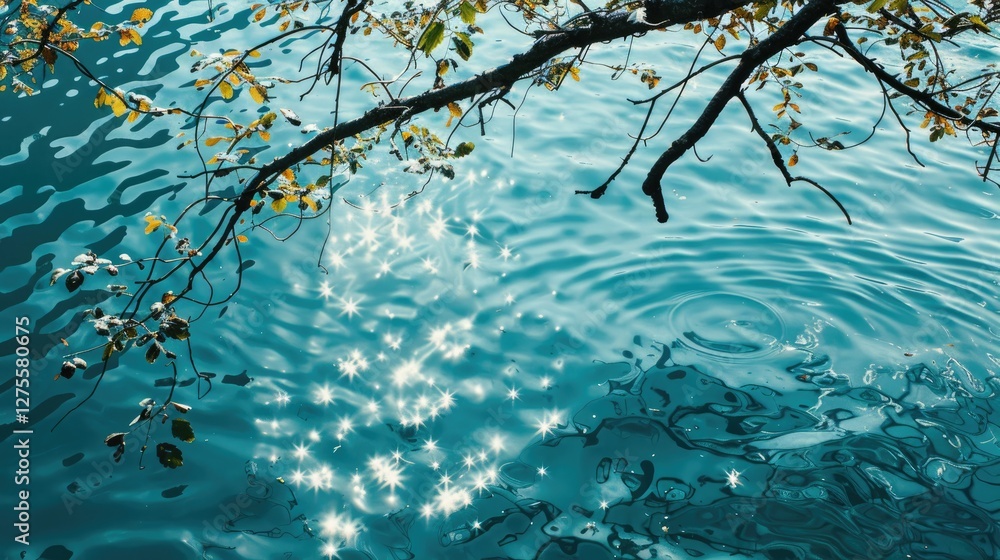Aufkleber tranquil aqua water surface reflecting sunlight with tree branches above creating a serene woodland 