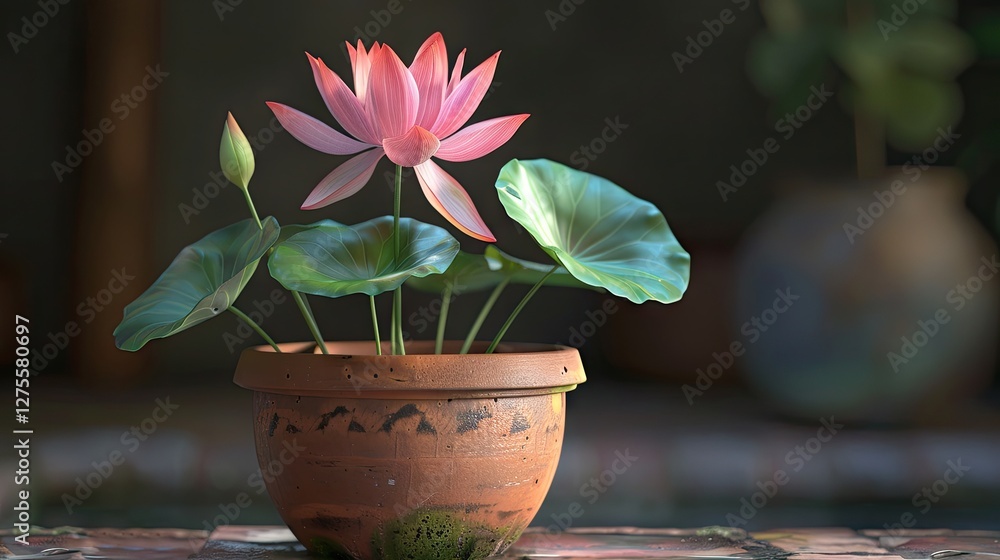 Poster pink lotus flower with green leaves in a rustic clay pot positioned centrally on a blurred backgroun