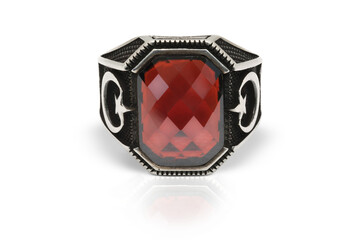 Silver Men's Ring with Red Stone and Crescent Star Design