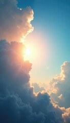 Sunlight filtering through thin clouds with blue sky background, gentle glow, colorful sky, atmospheric conditions