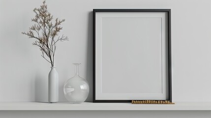 Minimalist interior scene featuring a black picture frame on a white shelf next to a white vase, glass container, and dried floral arrangement.