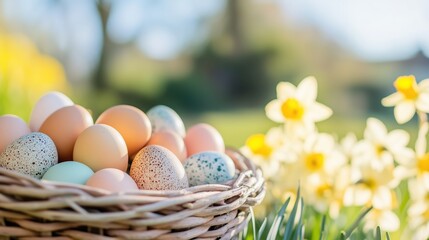 Fototapeta premium Colorful eggs in a woven basket surrounded by blooming daffodils on a sunny spring day in a garden, Happy Easter